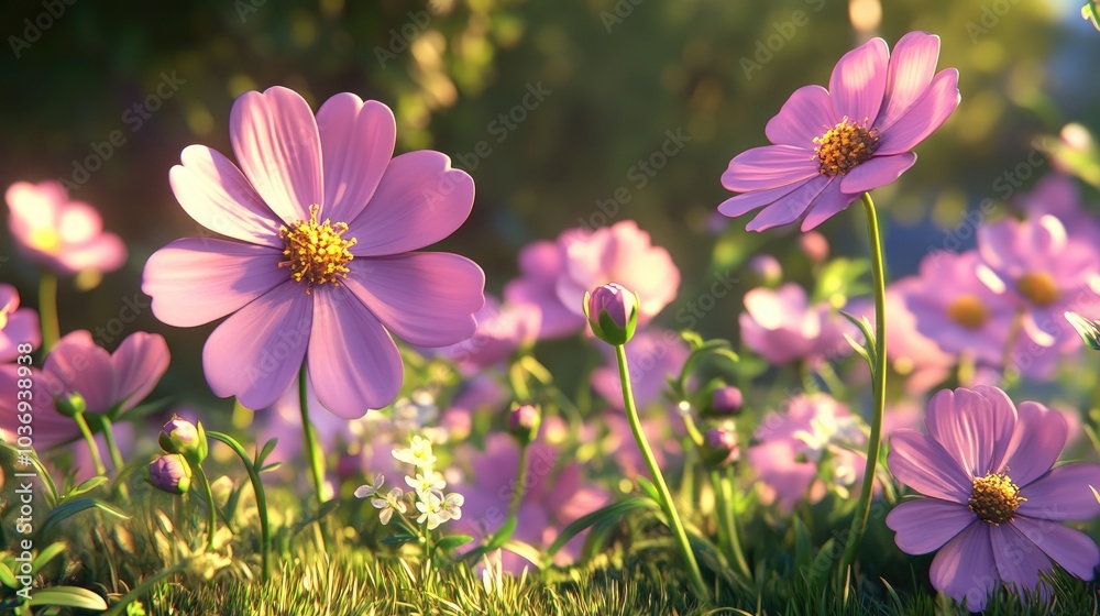 Cosmos flowers in full bloom depicted in 3D cartoon rendering Cosmos flowers in full bloom depicted in 3D cartoon rendering