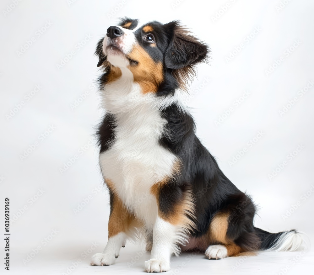 Portrait of cute young Australian Shepherd dog sitting on floor, isolated on white background Portrait of cute young Australian Shepherd dog sitting on floor, isolated on white background