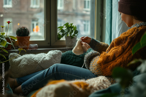 Cozy corner filled with soft pillows and person knitting photo