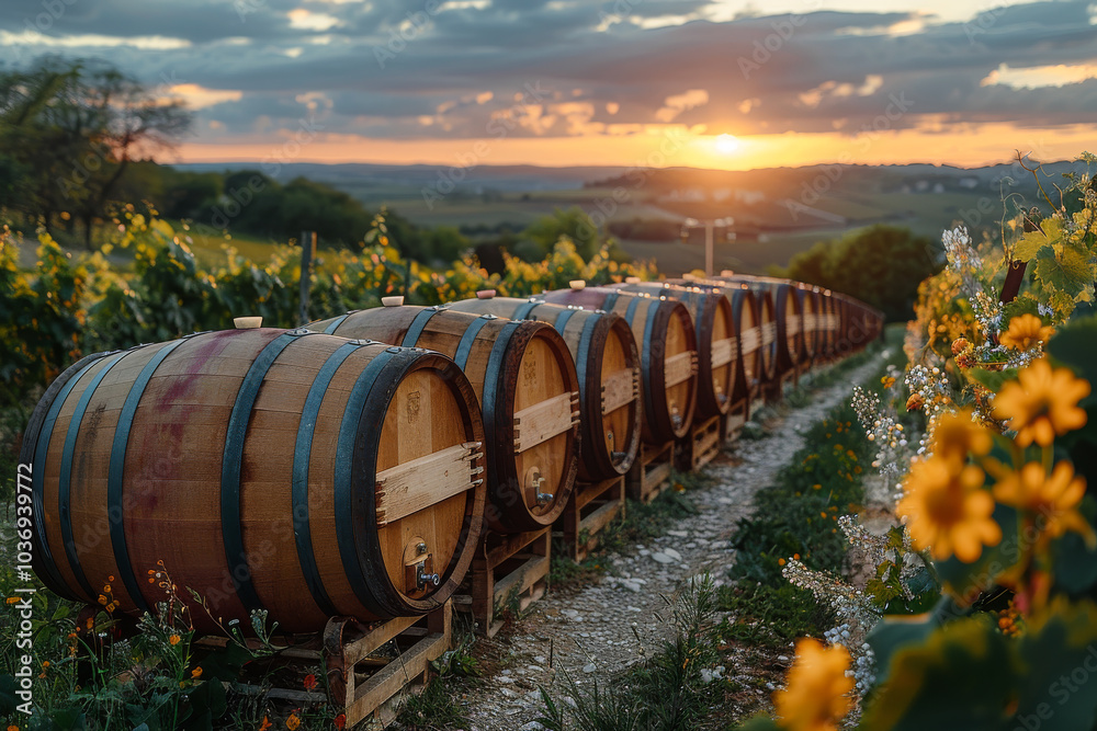 A row of barrels are lined up in a field with a sunset in the background. The barrels are wooden and appear to be used for storing wine. A row of barrels are lined up in a field with a sunset in the background. The barrels are wooden and appear to be used for storing wine.
