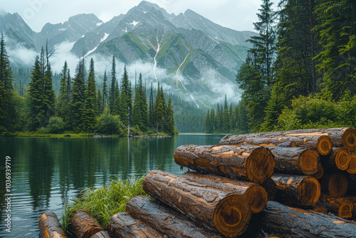 A beautiful mountain range with a lake in the foreground. The lake is surrounded by trees and the mountains are covered in snow.