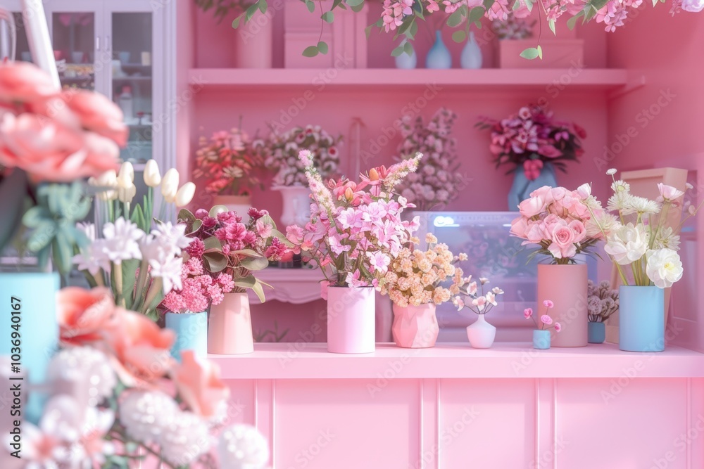 Beautiful fresh roses in a flower shop, arranged in glass vases, vibrant colors. Beautiful fresh roses in a flower shop, arranged in glass vases, vibrant colors.