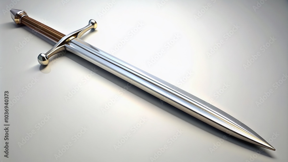 A sleek, double-edged sword stands upright against a pristine white background, its polished metal gleaming sharply, conveying power, strength, and ancient warrior spirit. A sleek, double-edged sword stands upright against a pristine white background, its polished metal gleaming sharply, conveying power, strength, and ancient warrior spirit.