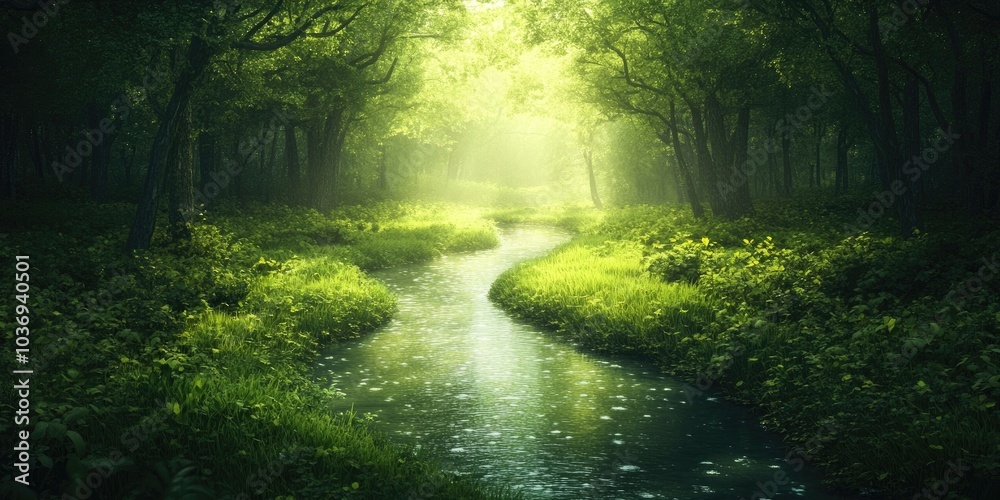 Fototapeta premium Gentle stream meandering through a lush woodland, Serene stream flowing through a vibrant forest