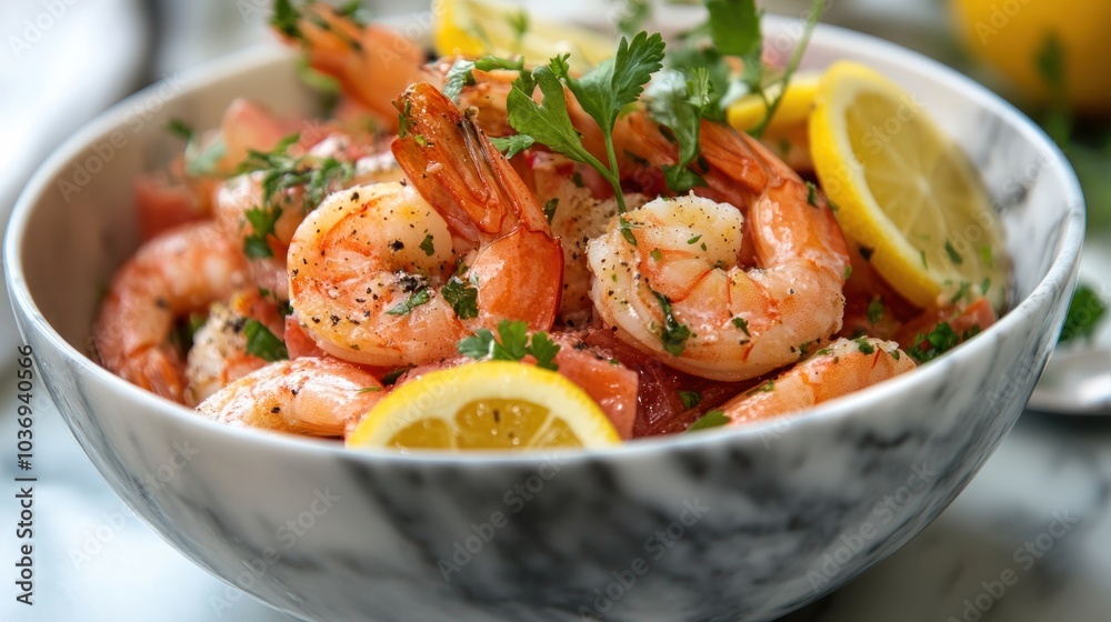 A vibrant shrimp ceviche with large prawns, citrus slices, and fresh herbs, served in a stylish marble bowl. A vibrant shrimp ceviche with large prawns, citrus slices, and fresh herbs, served in a stylish marble bowl.