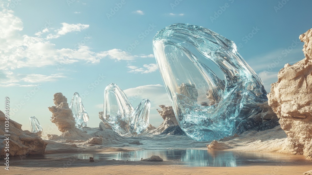 3D render of a futuristic sci fi landscape depicting a post apocalyptic scene with an abstract alien environment and glass elements 3D render of a futuristic sci fi landscape depicting a post apocalyptic scene with an abstract alien environment and glass elements