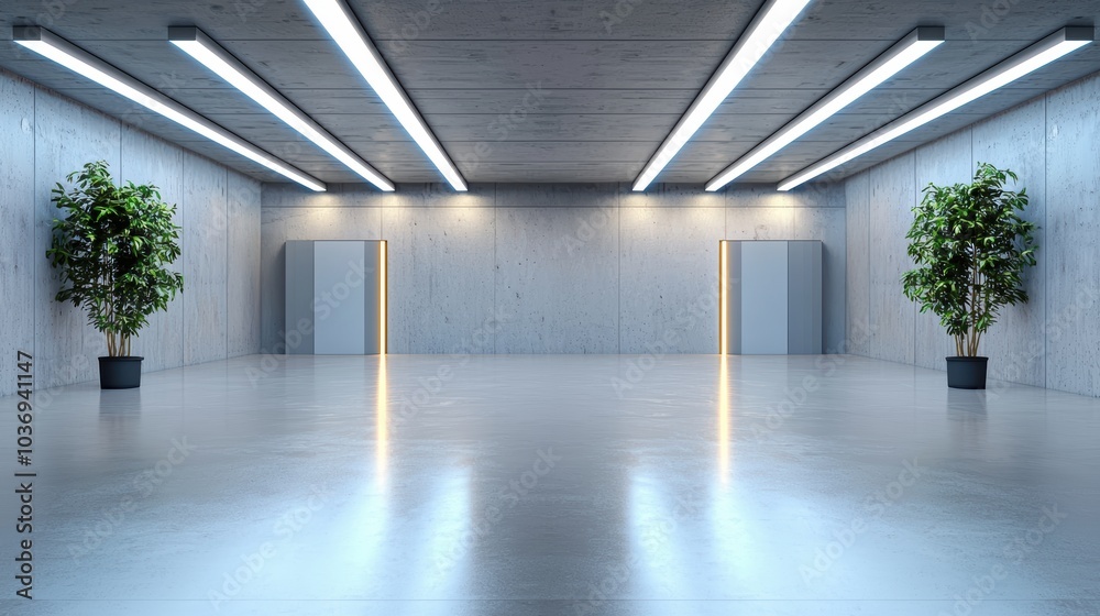 Fototapeta premium modern interior space featuring two potted plants, sleek lighting, and polished concrete floor. minimalist design creates calm and inviting atmosphere. 