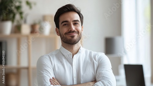 A worker smiling politely despite feeling frustrated, suppressing their true emotions photo