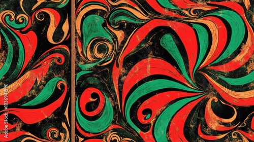 Psychedelic swirled red and green tile within a black frame