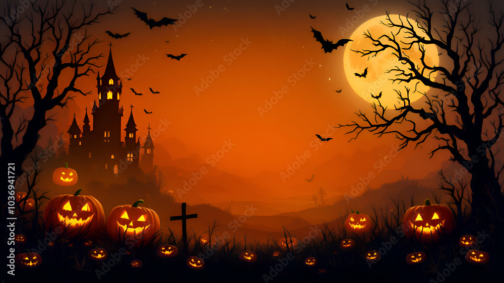 A haunting Halloween night scene with a dark castle, a full moon, bats flying, and glowing jackolanterns scattered across the grassy landscape. A haunting Halloween night scene with a dark castle, a full moon, bats flying, and glowing jackolanterns scattered across the grassy landscape.