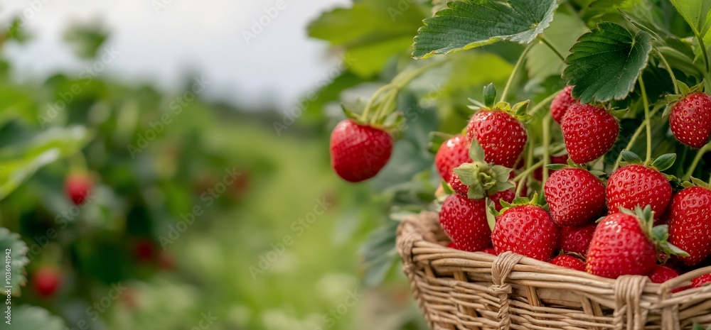 A basket of fresh strawberries in a field ready for harvest. A basket of fresh strawberries in a field ready for harvest.