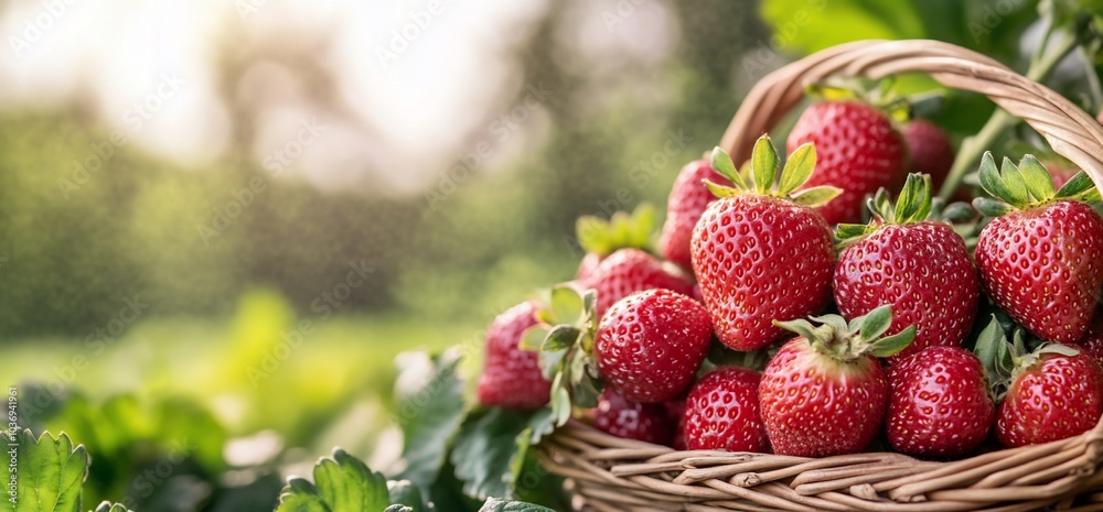 A basket filled with fresh strawberries surrounded by greenery. A basket filled with fresh strawberries surrounded by greenery.