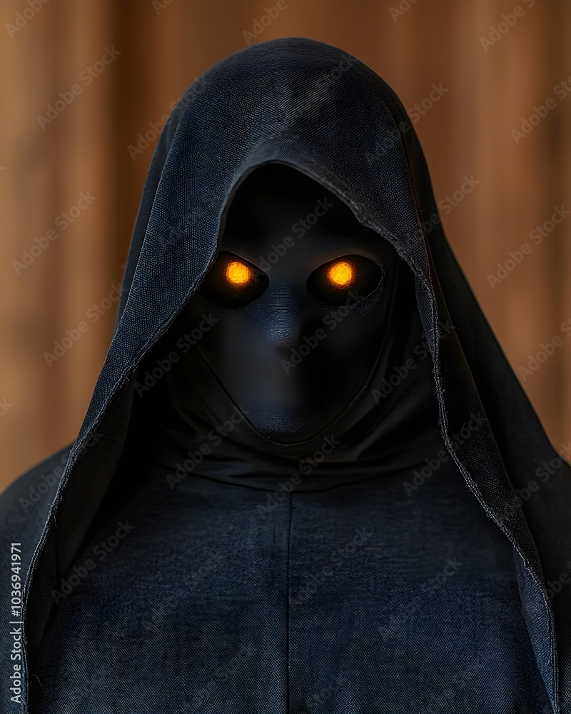 Mysterious figure in a dark hooded cloak with glowing eyes Mysterious figure in a dark hooded cloak with glowing eyes