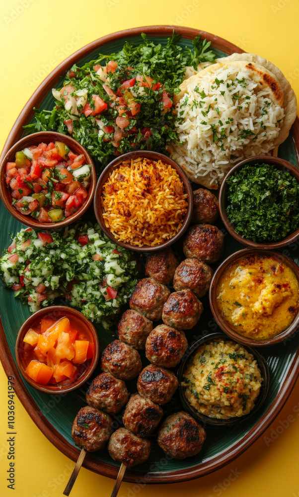 A plate of food with a variety of dishes including meatballs, rice, and vegetables. The plate is arranged in a way that makes it look like a buffet