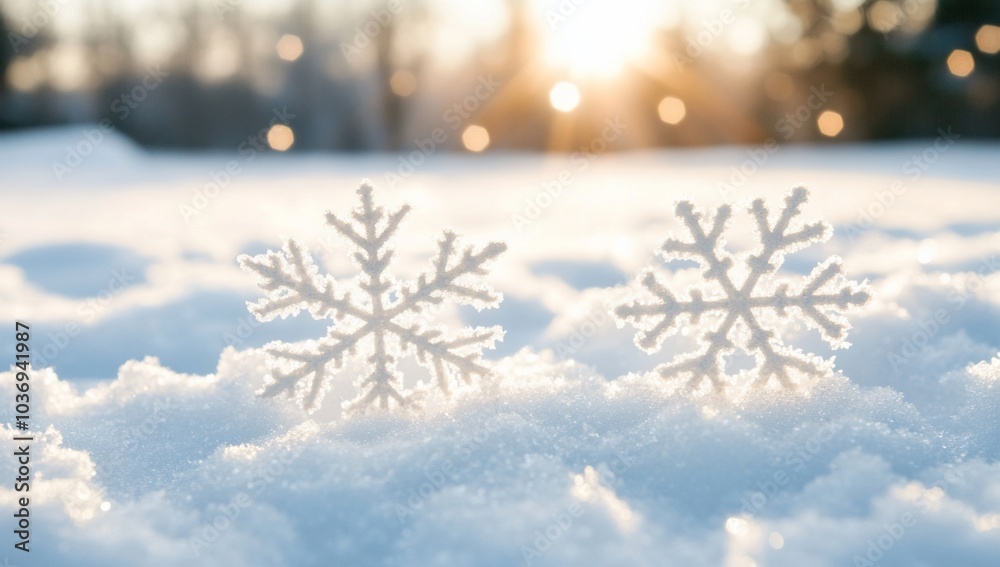 Two snowflakes resting on a snowy surface with sunlight in the background. Two snowflakes resting on a snowy surface with sunlight in the background.