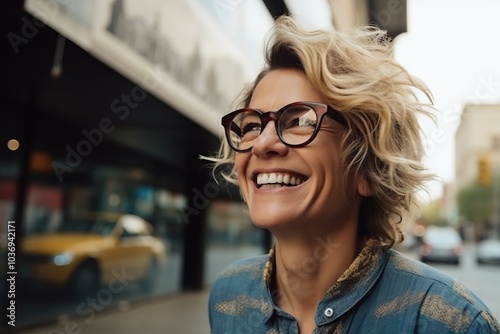 Portrait of a beautiful woman with blond hair and eyeglasses