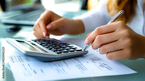 Professional Chartered Accountant Calculating Invoice in Office, Close-up of Hands Using Calculator and Pen, Accounting and Financial Analysis Concept