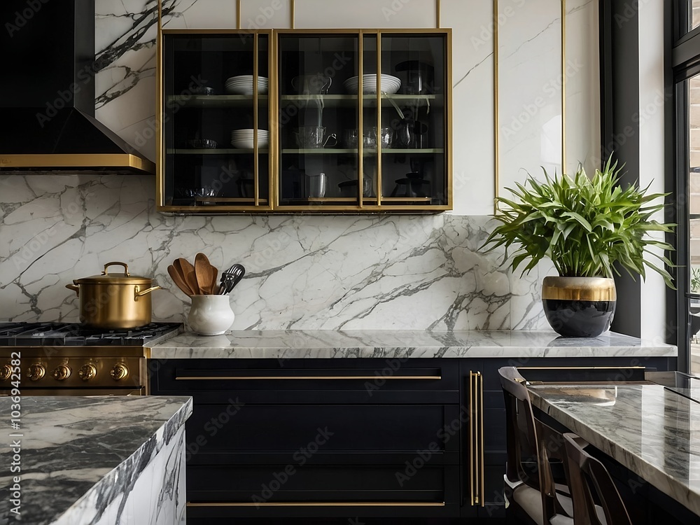 A chic, contemporary kitchen with marble tiles, stylish black and white cabinets, and golden fixtures.