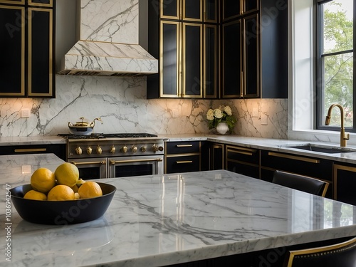 A chic, contemporary kitchen with marble tiles, stylish black and white cabinets, and golden fixtures.