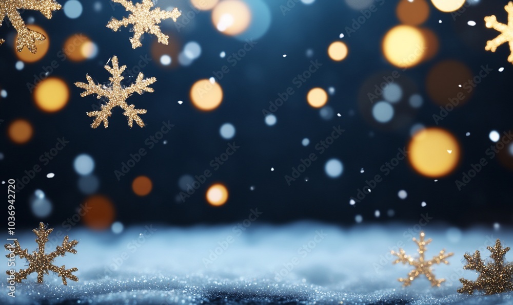 A festive winter scene with snowflakes and glowing bokeh lights. A festive winter scene with snowflakes and glowing bokeh lights.