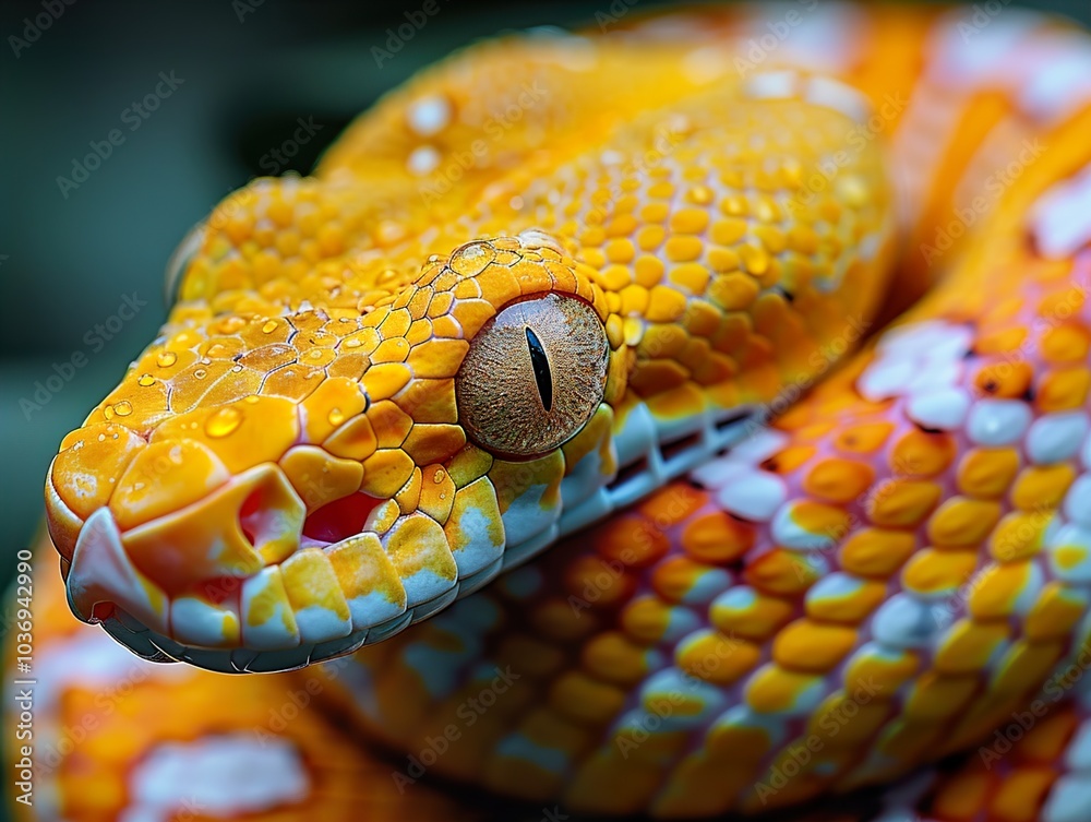 Fototapeta premium Close Up of a Yellow Snake with Water Droplets