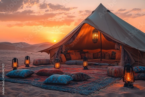 Desert Campsite at Sunset with Lanterns and Cushions
