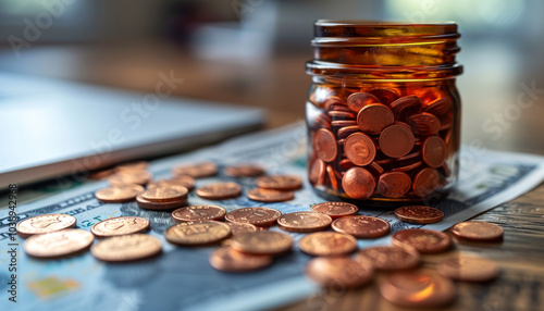 A jar full of pennies sits on top of a stack of bills. The jar is almost full, with only a few pennies left at the top. Concept of abundance and wealth