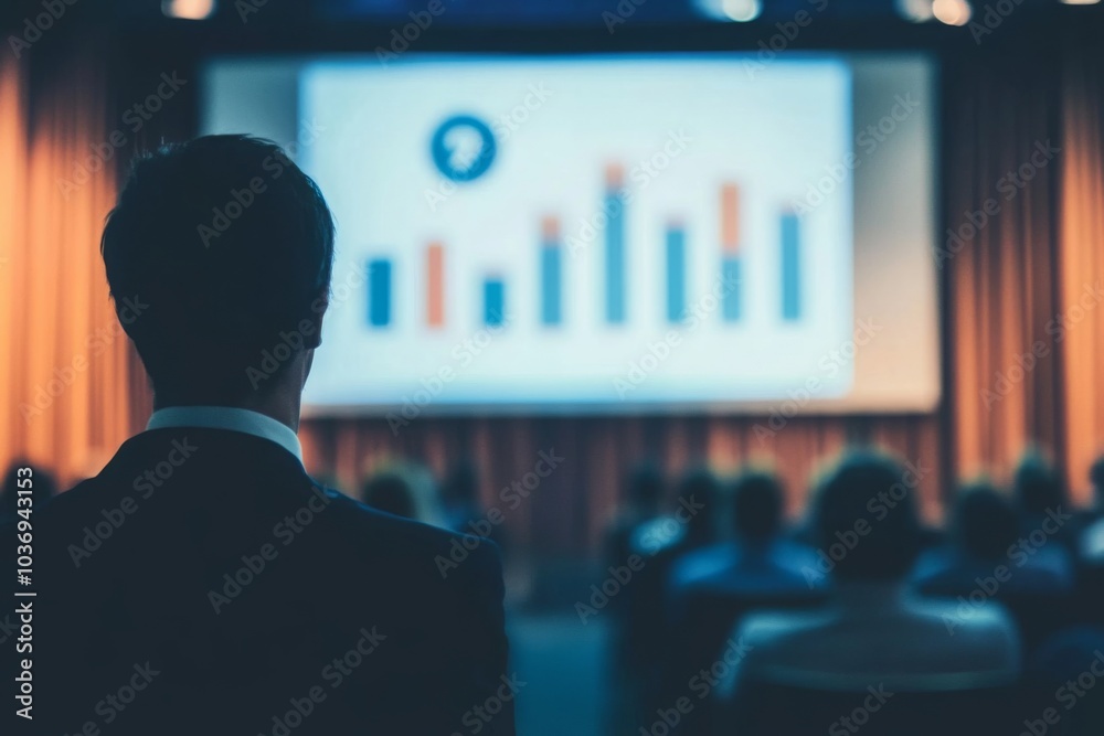Businessman Analyzing Data on Presentation Screen in Conference Room Businessman Analyzing Data on Presentation Screen in Conference Room