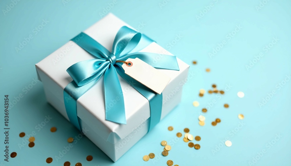 Elegant white gift box with blue ribbon and blank tag on a pastel background
Elegant white gift box with blue ribbon and blank tag on a pastel background