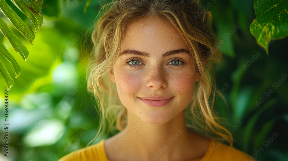 Nordic Young Woman Smiling in Lush Jungle Garden, Exotic Plants Close-Up Portrait, Happy Mood Nature Connection, Cinematic Vibrant Colors, Tropical Serenity, Natural Beauty Outdoors, Positive Energy Nordic Young Woman Smiling in Lush Jungle Garden, Exotic Plants Close-Up Portrait, Happy Mood Nature Connection, Cinematic Vibrant Colors, Tropical Serenity, Natural Beauty Outdoors, Positive Energy