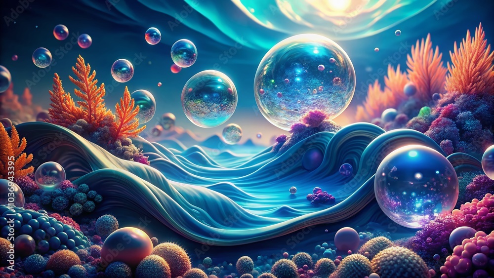 Vibrant blue haze envelops a futuristic 3D aquatic landscape with undulating waves, iridescent bubbles, and shimmering coral, evoking an otherworldly sense of serenity and wonder. Vibrant blue haze envelops a futuristic 3D aquatic landscape with undulating waves, iridescent bubbles, and shimmering coral, evoking an otherworldly sense of serenity and wonder.