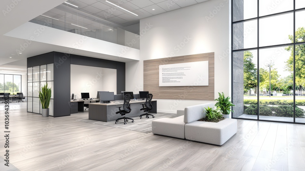 Fototapeta premium Modern Office Lobby Interior Design with Large Windows and Natural Light