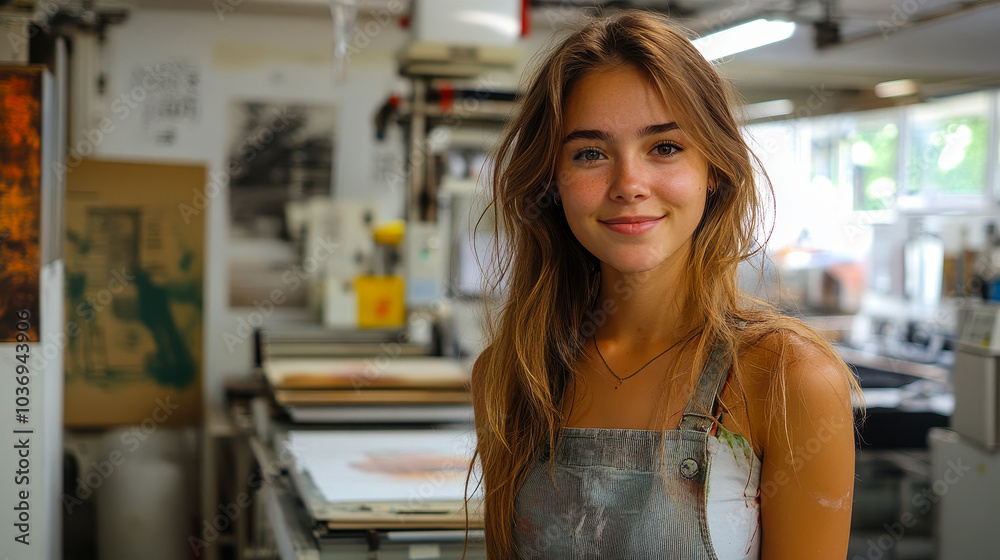 Artisan Woman Smiling in T-Shirt Printing Workshop with Printing Presses and Finished Artworks, Creative Workspace, Craftsmanship, Small Business Entrepreneur