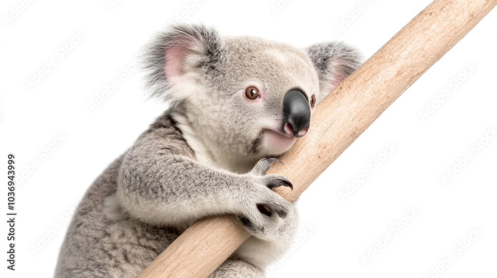 Naklejka premium Koala climbing on branch, showcasing its adorable features and playful nature