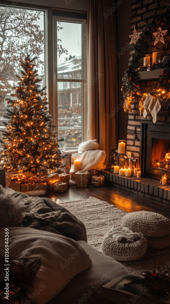 Fototapeta premium cozy living room decorated for Christmas features beautifully lit tree, warm candles, and festive decor, creating serene and inviting atmosphere