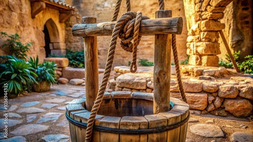 Ancient stone well with worn rope, wooden bucket, and rustic background, evoking a sense of historical reverence and spiritual awakening in a Middle Eastern setting.
