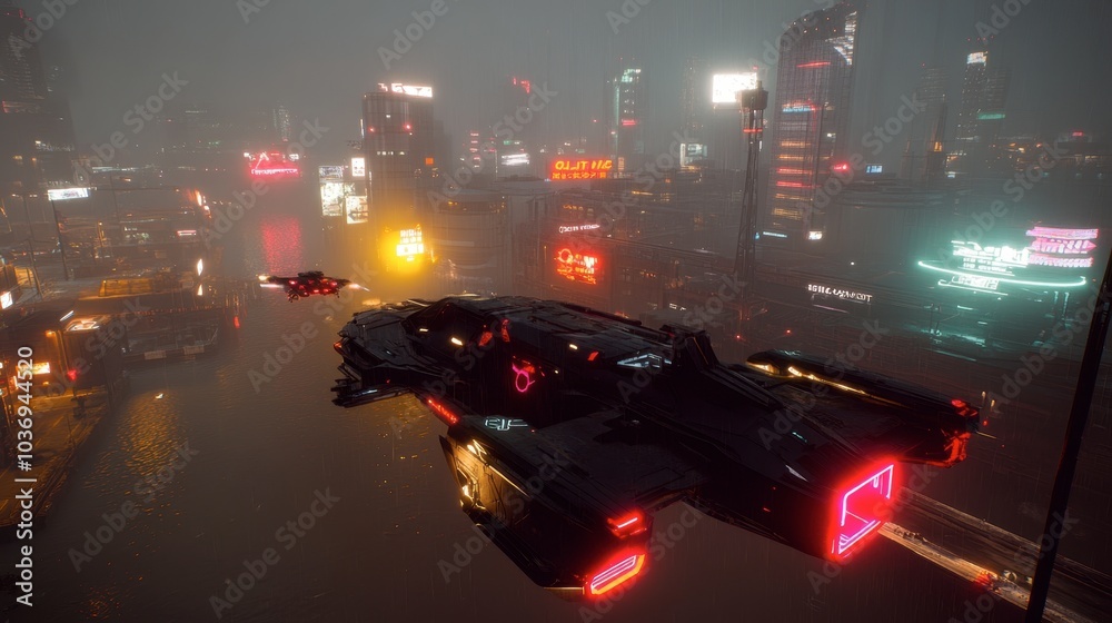 Futuristic Spaceships in Neon-lit Cityscape at Night Futuristic Spaceships in Neon-lit Cityscape at Night