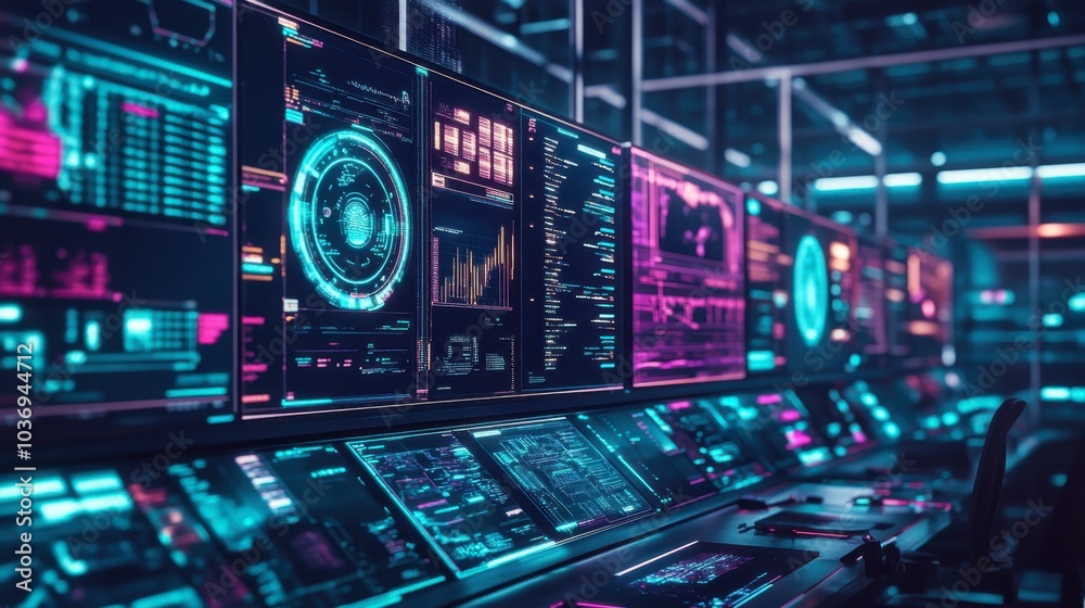Naklejka premium Futuristic Control Room with Digital Displays