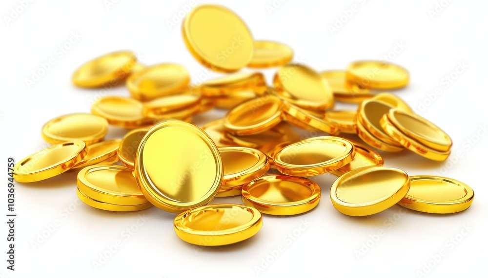Gold coins falling on white background in a dazzling display of wealth and prosperity Gold coins falling on white background in a dazzling display of wealth and prosperity