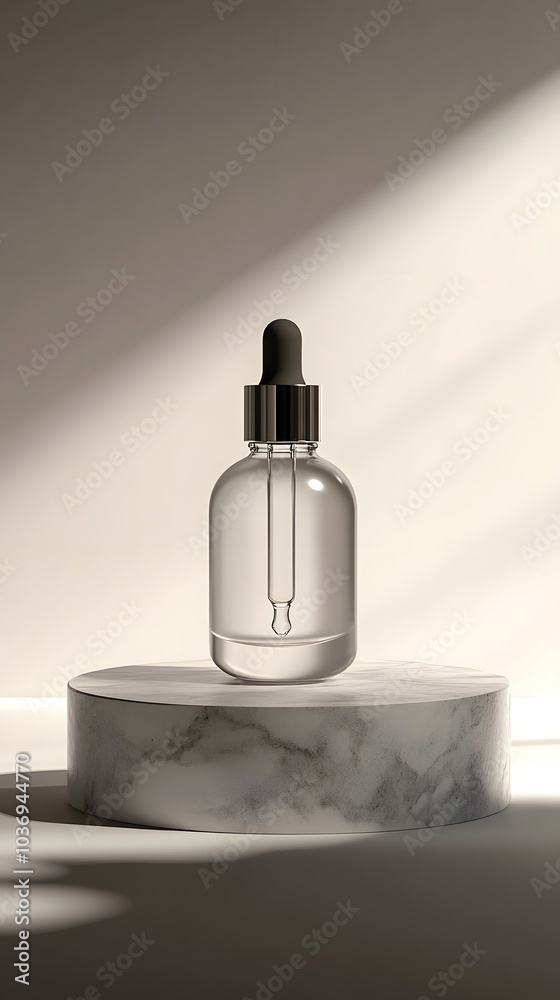 A clear glass dropper bottle on a marble pedestal, illuminated by soft light. A clear glass dropper bottle on a marble pedestal, illuminated by soft light.