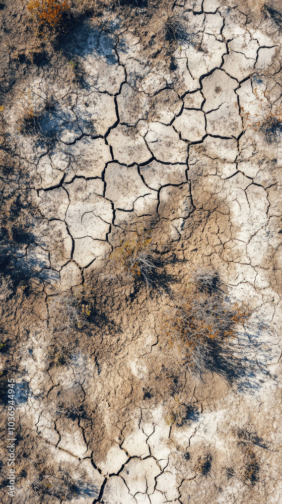 Drought stricken land with cracked earth and sparse vegetation, showcasing impact of climate change and water scarcity. dry landscape highlights environmental challenges Drought stricken land with cracked earth and sparse vegetation, showcasing impact of climate change and water scarcity. dry landscape highlights environmental challenges