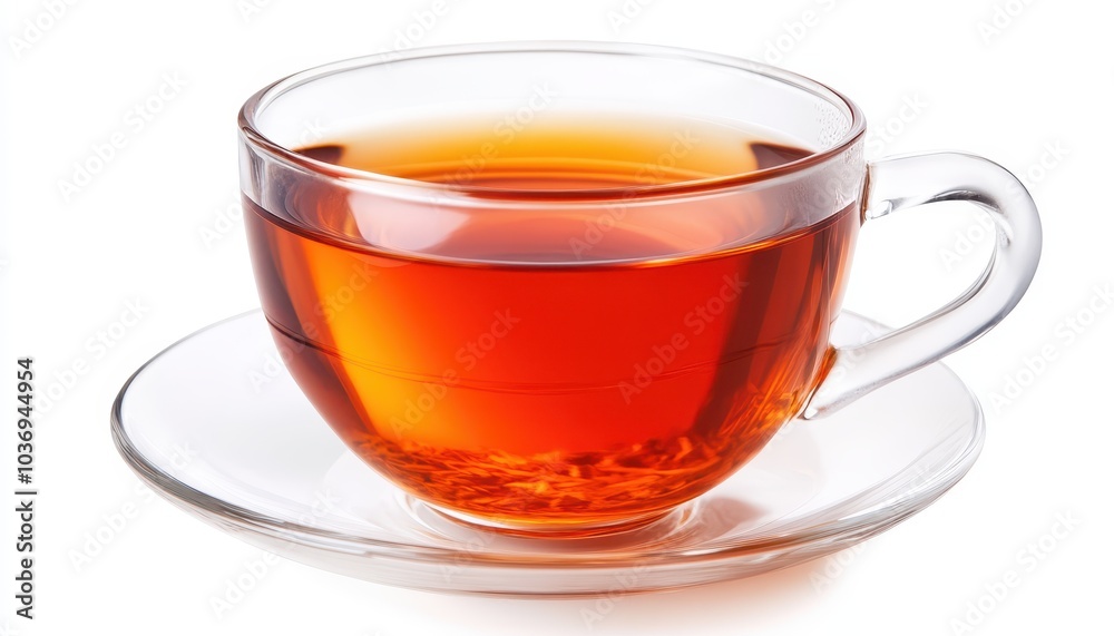 Clear glass cup of steaming tea on a saucer against a clean white background Clear glass cup of steaming tea on a saucer against a clean white background