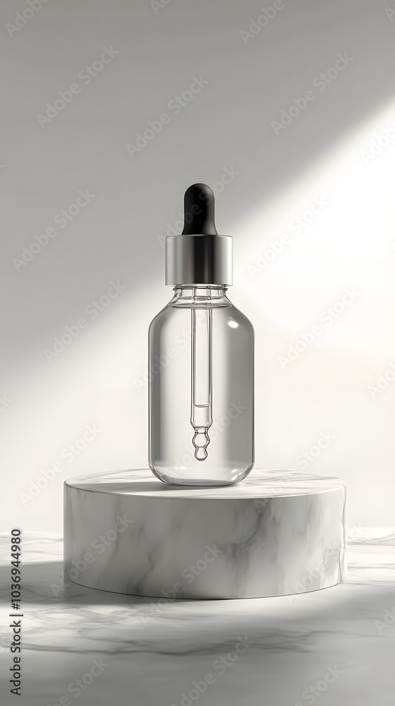 A clear glass dropper bottle on a marble pedestal, illuminated by soft light. A clear glass dropper bottle on a marble pedestal, illuminated by soft light.