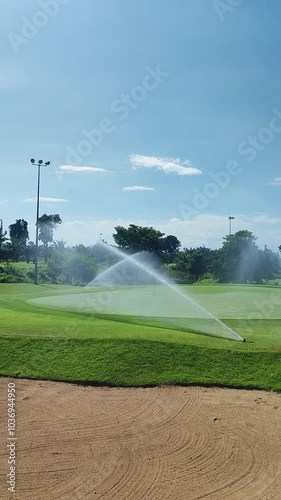 Automatic sprinklers watering the well-maintained grass of a golf course on a sunny day, with a sand bunker in the foreground and trees in the distance.