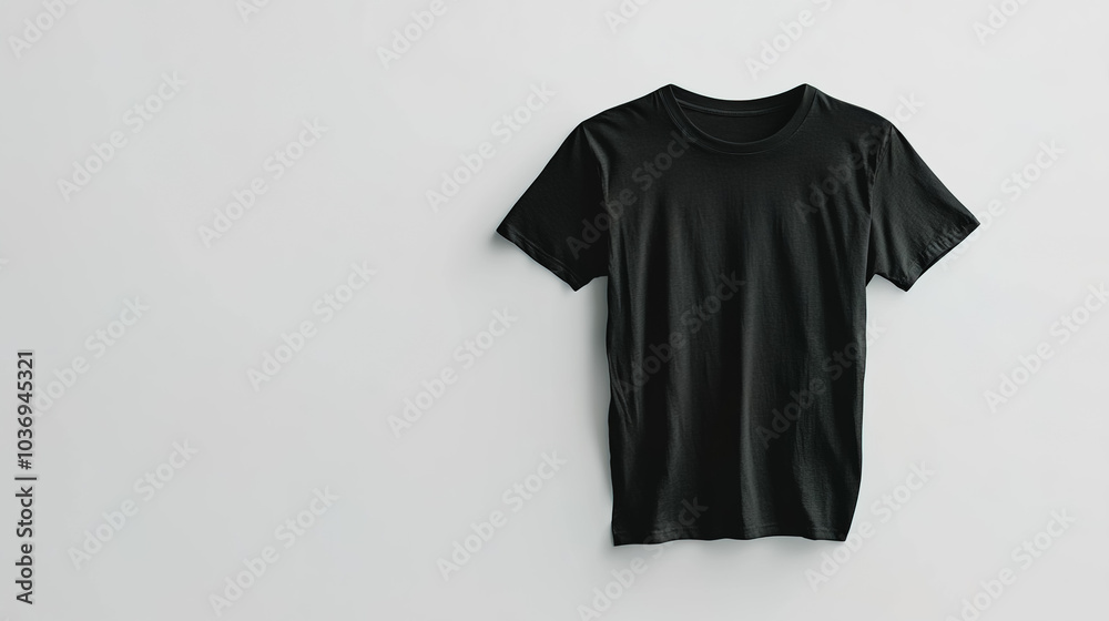 A 3D mockup of an empty space designed to showcase a black t-shirt, isolated on a white background. A 3D mockup of an empty space designed to showcase a black t-shirt, isolated on a white background.