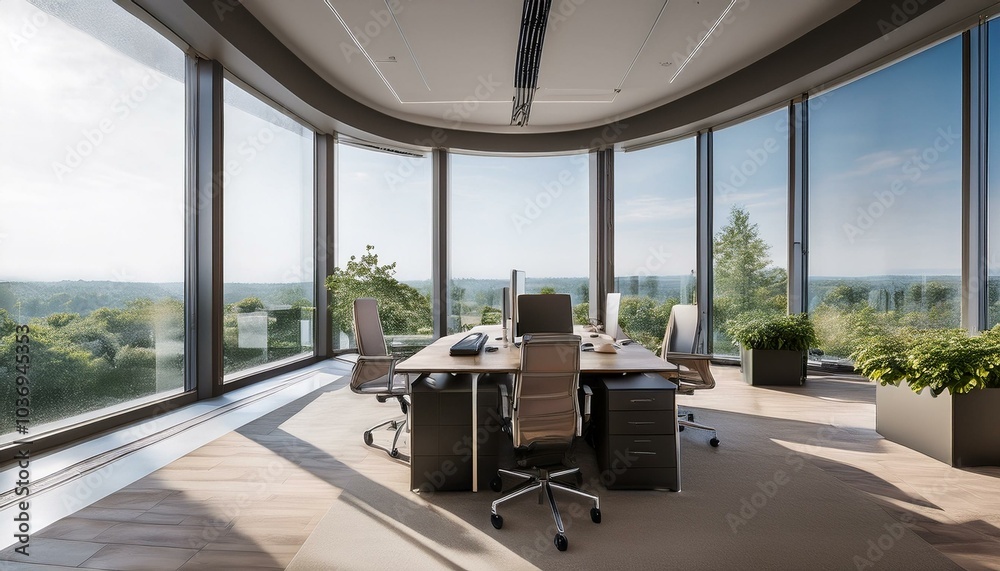 Modern office interior with large windows and sleek furniture. 3D Rendering Modern office interior with large windows and sleek furniture. 3D Rendering