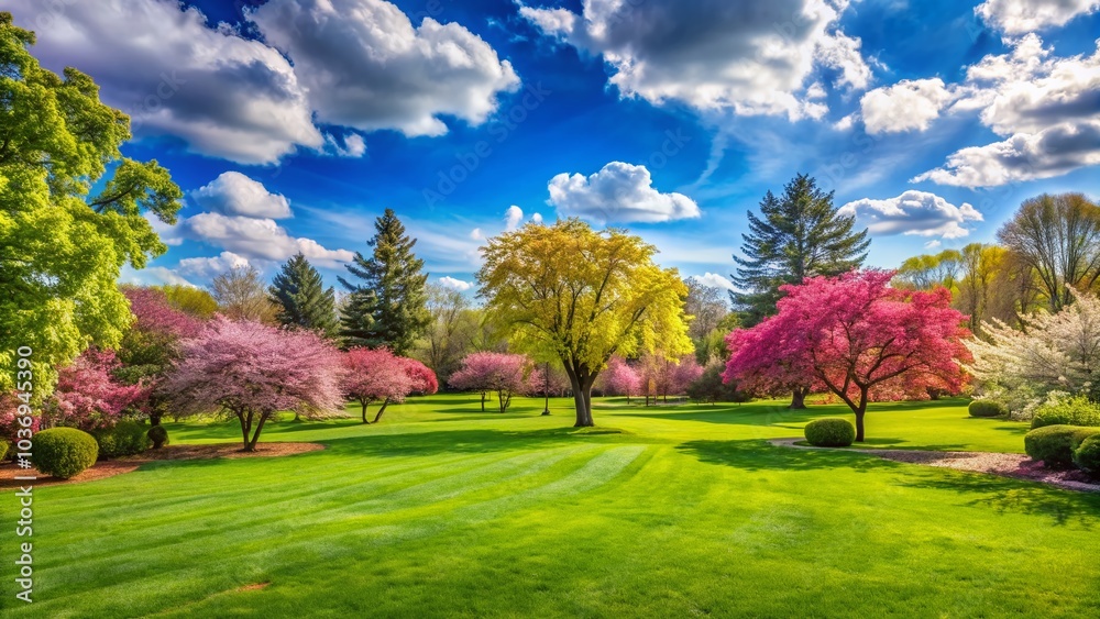 Vibrant spring nature backdrop with a pristine, neatly trimmed lawn and lush trees under a clear blue sky adorned with soft clouds on a sunny day Vibrant spring nature backdrop with a pristine, neatly trimmed lawn and lush trees under a clear blue sky adorned with soft clouds on a sunny day