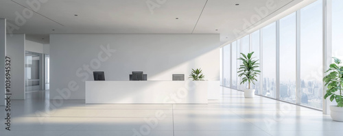 modern office space featuring minimalist white reception area with large windows allowing natural light. design includes green plants, creating fresh and inviting atmosphere