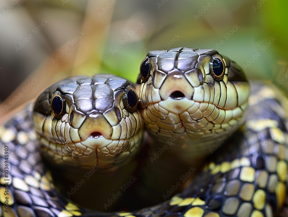 Two Snakes Looking at the Camera in the Jungle
