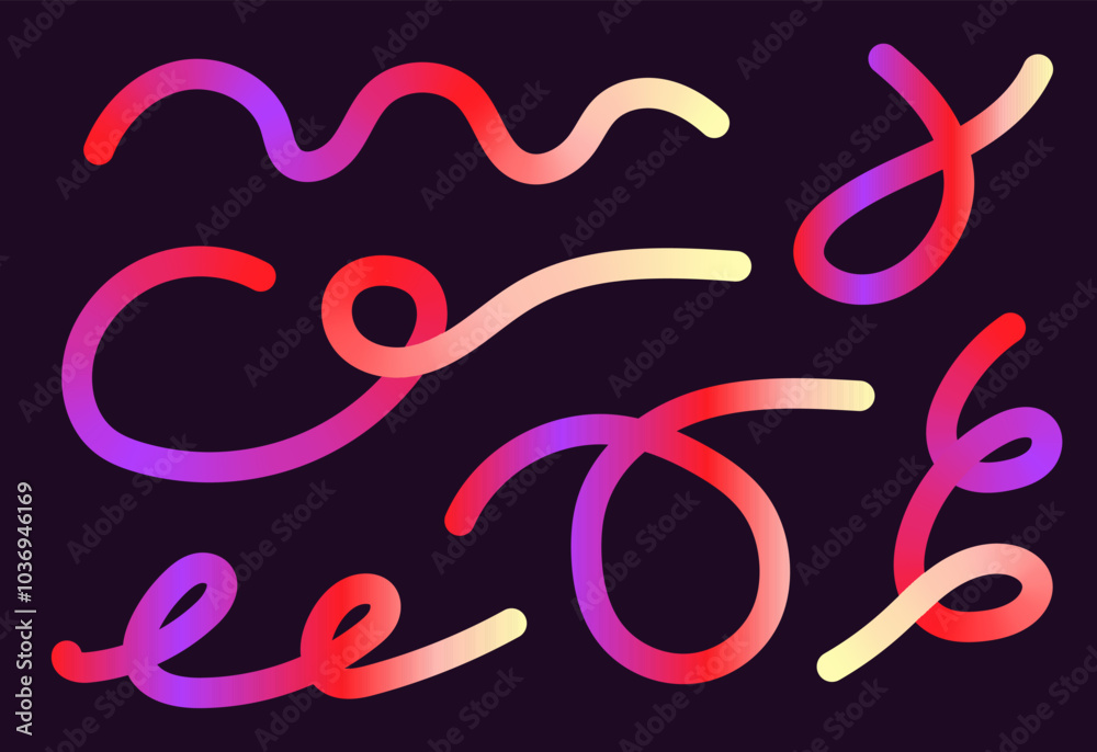 Fototapeta premium Neon Color Gradient squiggle lines. Scribble stripe with wavy elements. Abstract organic dynamic colorful Sshapes on dark background.